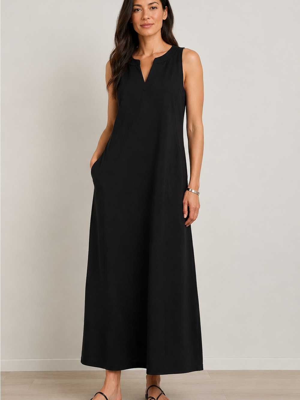 J.Jill Wearever Double-Face Jersey Split-Neck Maxi Dress Black LBD Size XL NWT